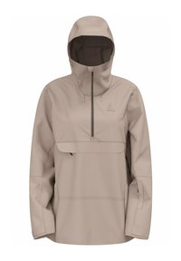 Beige waterproof pullover jacket with a high neck, adjustable hood, front pocket, and side zippers. Smooth texture with minimal branding.