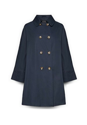 Granatowy dwurzędowy płaszcz z sześcioma brązowymi guzikami, szerokimi mankietami i klasycznym kołnierzem, pokazany na białym tle.