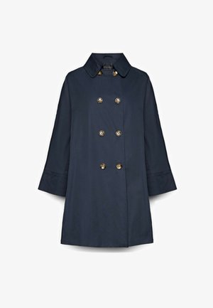 Marineblauwe dubbelrijige jas met zes bruine knopen, brede manchetten en een klassieke kraag, weergegeven op een witte achtergrond.
