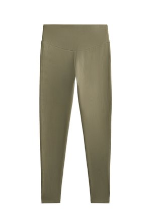 Leggings de culoare verde măsliniu, cu un talie înaltă și un design ajustat, realizate dintr-un material neted și elastic. Fără elemente metalice vizibile sau modele.
