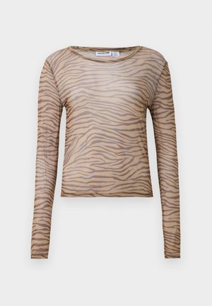Lange mouwen, aansluitend, doorschijnend beige shirt met donkerbruine zebra-strepen en een ronde halslijn.