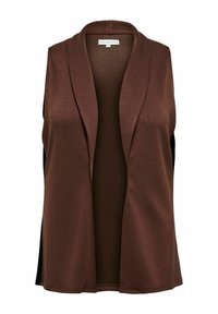 Hnědý bezrukávový kardigan se šálovým límcem, otevřený vpředu a s jemnou texturou. Má kontrastní černý zadní díl.