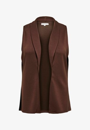 Hnědý bezrukávový kardigan se šálovým límcem, otevřený vpředu a s jemnou texturou. Má kontrastní černý zadní díl.