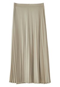 Jupe plissée beige longueur cheville avec une taille ajustée, présentée à plat sur fond blanc.
