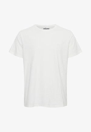 White cotton t-shirt with short sleeves, crew neck, and a subtle logo on the chest. Smooth texture with a classic fit.