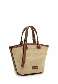 Borsa in paglia intrecciata con accenti in pelle marrone, forma strutturata, doppi manici e dettagli in metallo dorato. Superficie testurizzata con colore solido.