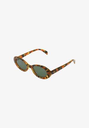 Tortoiseshell sunglasses with oval dark lenses. The frame features a glossy finish and a distinctive pattern, with slender arms.