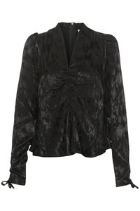 Blusa nera a maniche lunghe con scollatura a V profonda, fronte arricciato, tessuto strutturato e nastri ai polsini, con una leggera lucentezza.