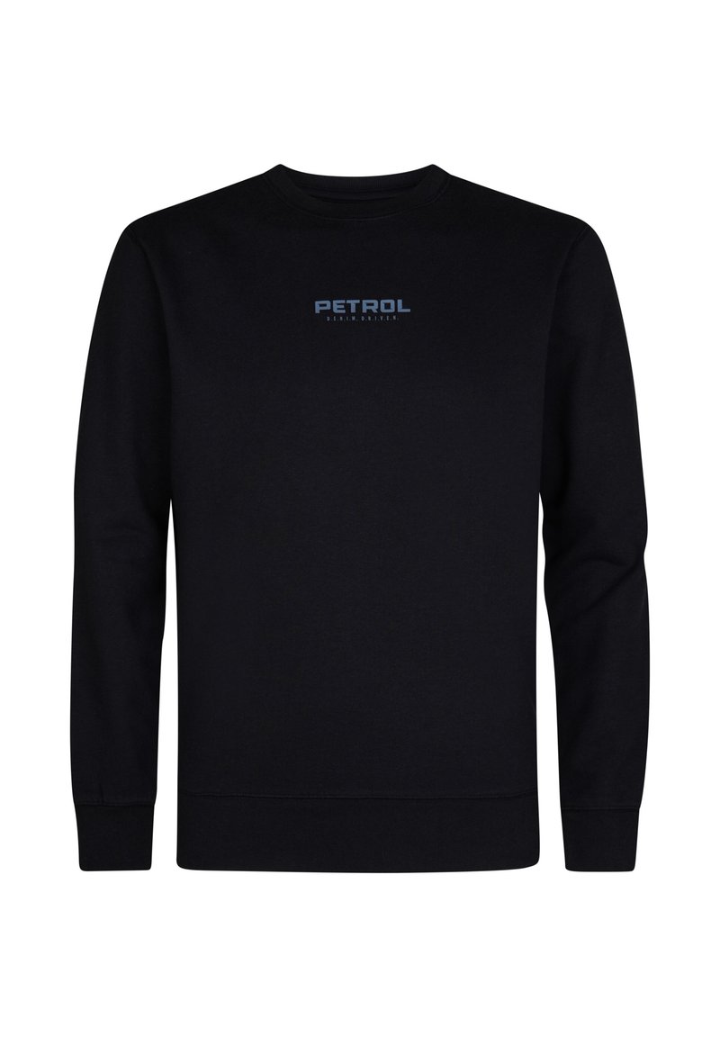 Felpa nera in misto cotone, con scollatura a girocollo. Frontale con logo blu "PETROL". Maniche lunghe con polsini a costine.