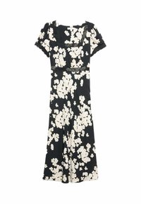 Czarna sukienka z krótkimi bufkami, w kwiatowy nadruk w białym i jasnoróżowym kolorze. Posiada koronkowe wykończenie przy dekolcie i w talii. Luźny krój.