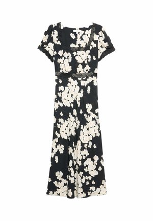 Zwart jurkje met korte puffmouwen, bloemenprint in wit en lichtroze. Voorzien van kantafwerking rond de halslijn en taille. Vloeiende silhoeette.