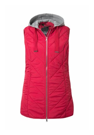 Rode mouwloze vest met grijze capuchon. Heeft verticale quiltstructuur en een rits aan de voorkant. Gemaakt van lichtgewicht, glanzend materiaal.