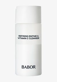 Bouteille en plastique blanc de forme cylindrique, dotée d'un bouchon à rabat, étiquetée "Nettoyant aux enzymes de raffinage et vitamine C" en texte noir.