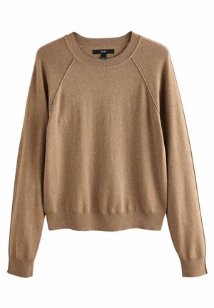 Smešani smeđi pulover s okruglim izrezom, raglan rukavima i rebrastim manžetama i donjim rubom. Glatka tekstura, ležerni kroj i minimalne detalje.