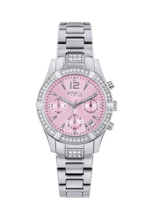 Orologio in acciaio inox argentato con quadrante rosa rotondo, tre contatori ausiliari, dettagli in cristallo sulla lunetta e cinturino a maglie metalliche.