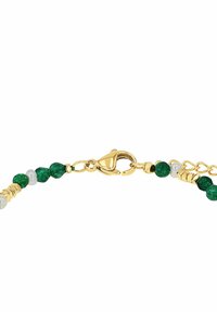 Pulsera de oro con cuentas verdes y blancas, con acentos de oro texturizado y cierre de langosta.