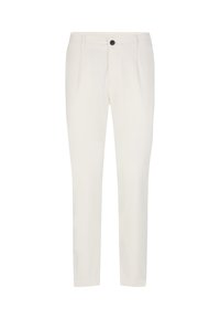 Witte op maat gemaakte broek met een soepele textuur, uitgerust met een knoopsluiting, twee voorzakken en een smal broekspijpen ontwerp.
