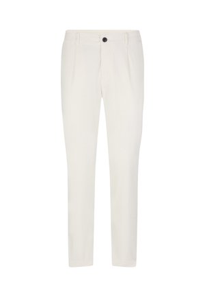 Pantaloni bianchi su misura con texture liscia, dotati di chiusura con bottone, due tasche frontali e design a gamba stretta.