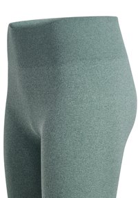 Sømløse, højtaljede ribstrikkede grønne leggings med bredtalje, vist fra midt på låret til taljen.