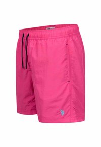 Pinke Badehosen aus leichtem Material, mit elastischem Bund, schwarzem Kordelzug und gesticktem Logo an der unteren Seite.