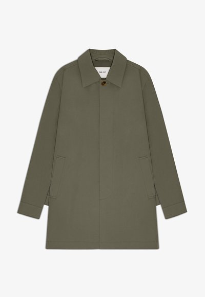 Olivgrüner Mantel aus leichtem Stoff, mit Kragen, vorderem Knopfverschluss, seitlichen Taschen und geradem Schnitt mit minimalen Nähten.