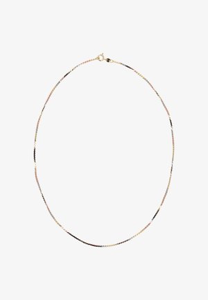 Dünne, gedrehte Halskette aus verflochtenem Gold, Silber und Roségoldtönen. Mit einem Karabinerverschluss für einen sicheren Halt.