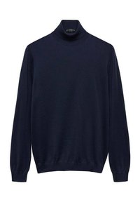 Navyblauem, langärmligem Rollkragenpullover mit gerippten Bündchen und Saum, vor einem weißen Hintergrund präsentiert.