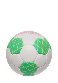 Witte voetbals met groen en gele ruitenpatronen, een textuur oppervlak en een roze logo met de tekst "Hummel Classic Advanced."