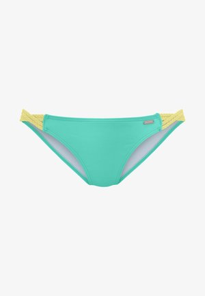 Mintgroene bikini onderkant met tekstuurlijke gele accenten aan de zijkanten. Glad materiaal, middelhoge snit en subtiel merklogo.