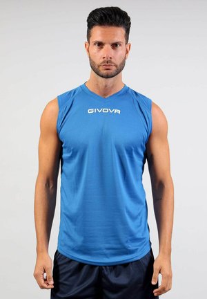 Homme aux cheveux foncés et à la barbe, portant un débardeur de sport bleu GIVOVA et un short sombre, faisant face à l'avant sur un fond uni.