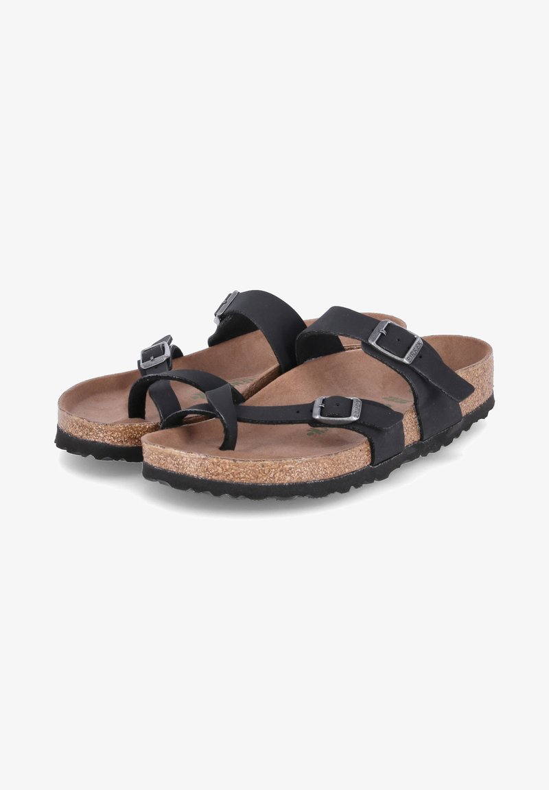 Black sandals with two adjustable straps, a cork footbed, and a textured rubber sole. Features silver buckles for strap adjustment.
