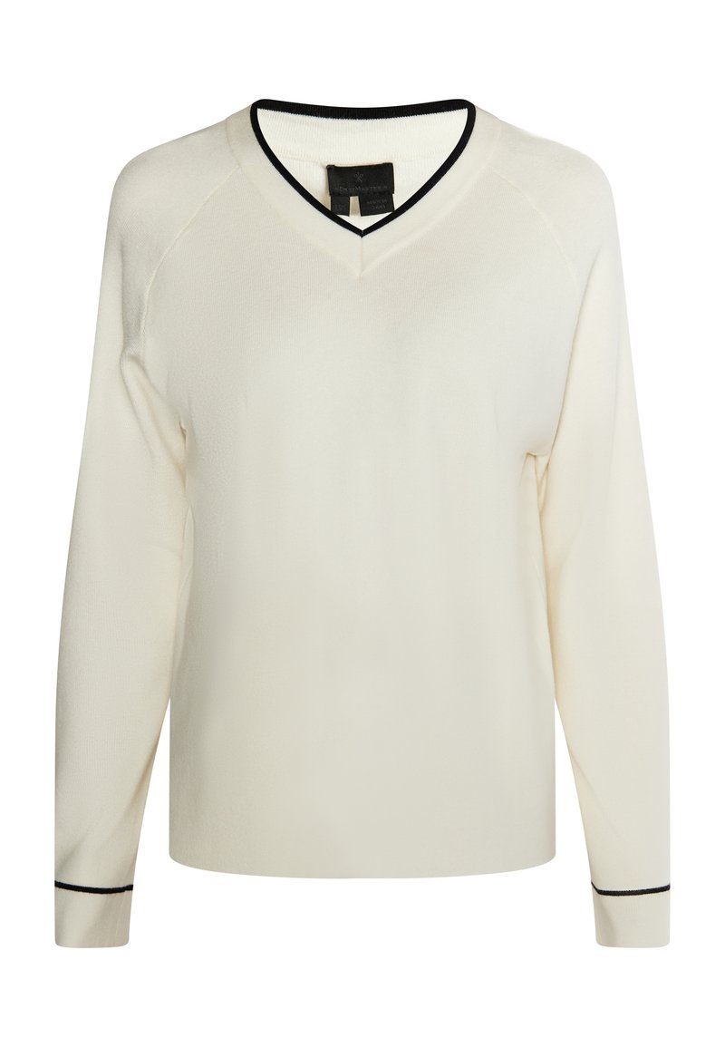 Cremefarbener V-Ausschnitt-Pullover mit langen Ärmeln und schwarzem Besatz am Kragen und den Bündchen, weiche Textur, regular Fit und minimalistisches Design.