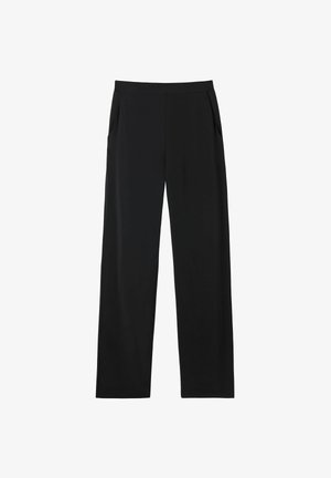 Pantalons noirs avec une coupe droite, dotés de deux poches latérales et d'un tissu lisse et léger. Sans motifs ni accessoires visibles.