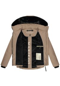 Beige geïsoleerde jas met een zwart nepbont kraag, ritsluiting en zwarte voering. Voorzien van binnenlabels en een opvallend merkimago.
