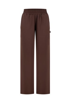 Brune bukser med vide ben, elastisk talje og sidelommer, lavet af glat stof.