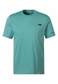 Türkises Baumwoll-T-Shirt mit Rundhalsausschnitt, kurzen Ärmeln, featuring einem schwarzen Känguru-Logo auf der Brust und "Kanga"-Text auf dem Ärmel.