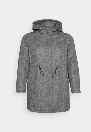 Gray hooded coat with a textured fabric, featuring a drawstring waist, long sleeves, and a straight cut design. Lined interior with no visible hardware.