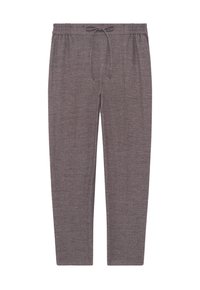 Donkergrijze sweatpants van zacht materiaal, met een elastische tailleband en een trekkoord, en een textuur met ribbels.