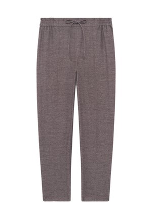 Donkergrijze sweatpants van zacht materiaal, met een elastische tailleband en een trekkoord, en een textuur met ribbels.