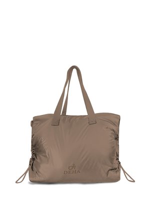 Grande borsa tote morbida marrone con due manici e coulisse laterali, con logo DEHA al centro davanti.
