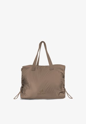 Grande borsa tote morbida marrone con due manici e coulisse laterali, con logo DEHA al centro davanti.
