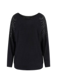 Schwarzes Sweatshirt mit langen Ärmeln, Rundhalsausschnitt und Verzierungen aus kleinen silbernen Nieten entlang der Schultern. Weicher, strukturierter Stoff.