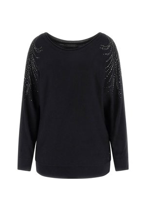 Zwarte sweatshirt met lange mouwen, ronde hals en versieringen van kleine zilveren studs langs de schouders. Zachte, gestructureerde stof.