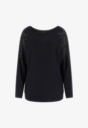 Schwarzes Sweatshirt mit langen Ärmeln, Rundhalsausschnitt und Verzierungen aus kleinen silbernen Nieten entlang der Schultern. Weicher, strukturierter Stoff.