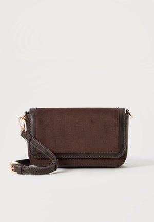 Dark brown suede and leather rectangular crossbody bag with adjustable strap and gold-tone hardware on a white background.