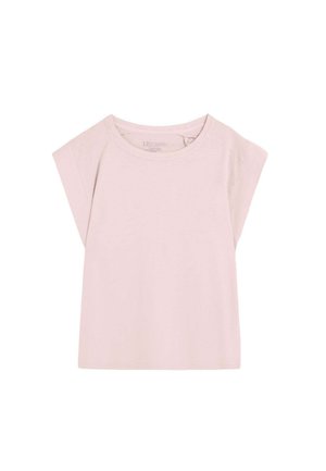 Camiseta de manga corta para niños pequeños en rosa claro con cuello redondo y un diseño sencillo y liso sobre un fondo blanco.