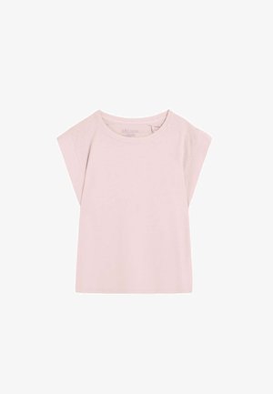 Camiseta de manga corta para niños pequeños en rosa claro con cuello redondo y un diseño sencillo y liso sobre un fondo blanco.
