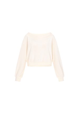 Sweatshirt créme, court, avec un décolleté asymétrique, des manches bouffantes longues et des poignets côtelés. Texture douce avec des détails de design minimalistes.