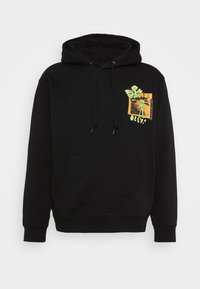 Hoodie noir en coton, doté d'une poche avant, de cordons de serrage et d'un imprimé graphique coloré sur le côté gauche de la poitrine.