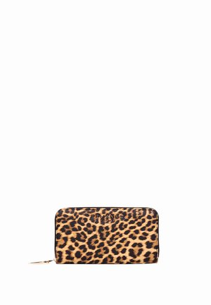 Portafoglio con cerniera a tutto giro in stampa leopardata, con tirante cerniera color oro e piccolo logo del marchio in rilievo al centro della parte anteriore.
